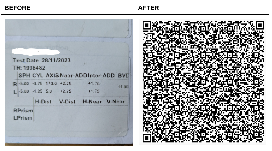 Examples of paper and QR code versions of an optical prescription record